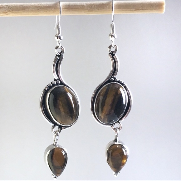 New Tiger’s Eye Gemstone Crystal Dangle Hook Silver Earrings - Picture 2 of 8